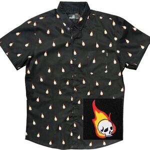 Molokai Surf Co Shirt Men L Short Sleeve Chest Pocket Fireball Flaming Skull NWT